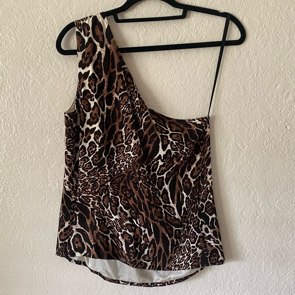 ST. JOHN Brown Leopard Print One-Shoulder Top Size 10 Brown Black Chic - Picture 4 of 6